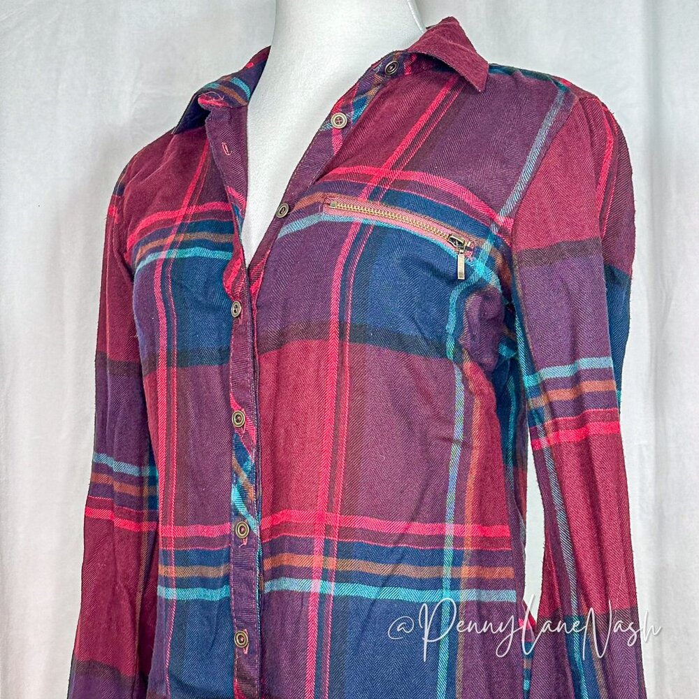 Maurices Zipper Pocket Plaid Button Down Shirt Top - Picture 5 of 11